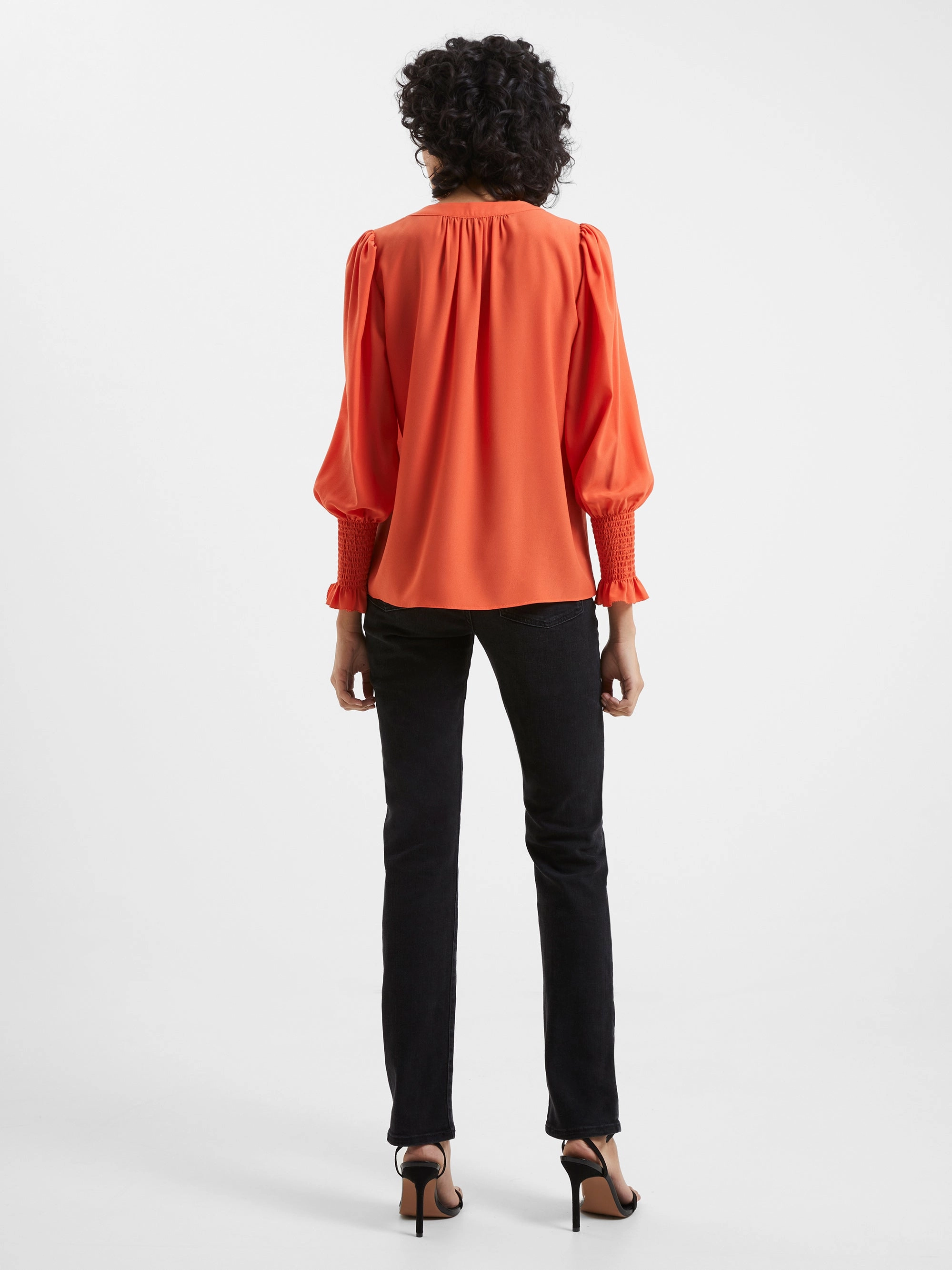 Crepe V-Neck Smocked Sleeve Blouse