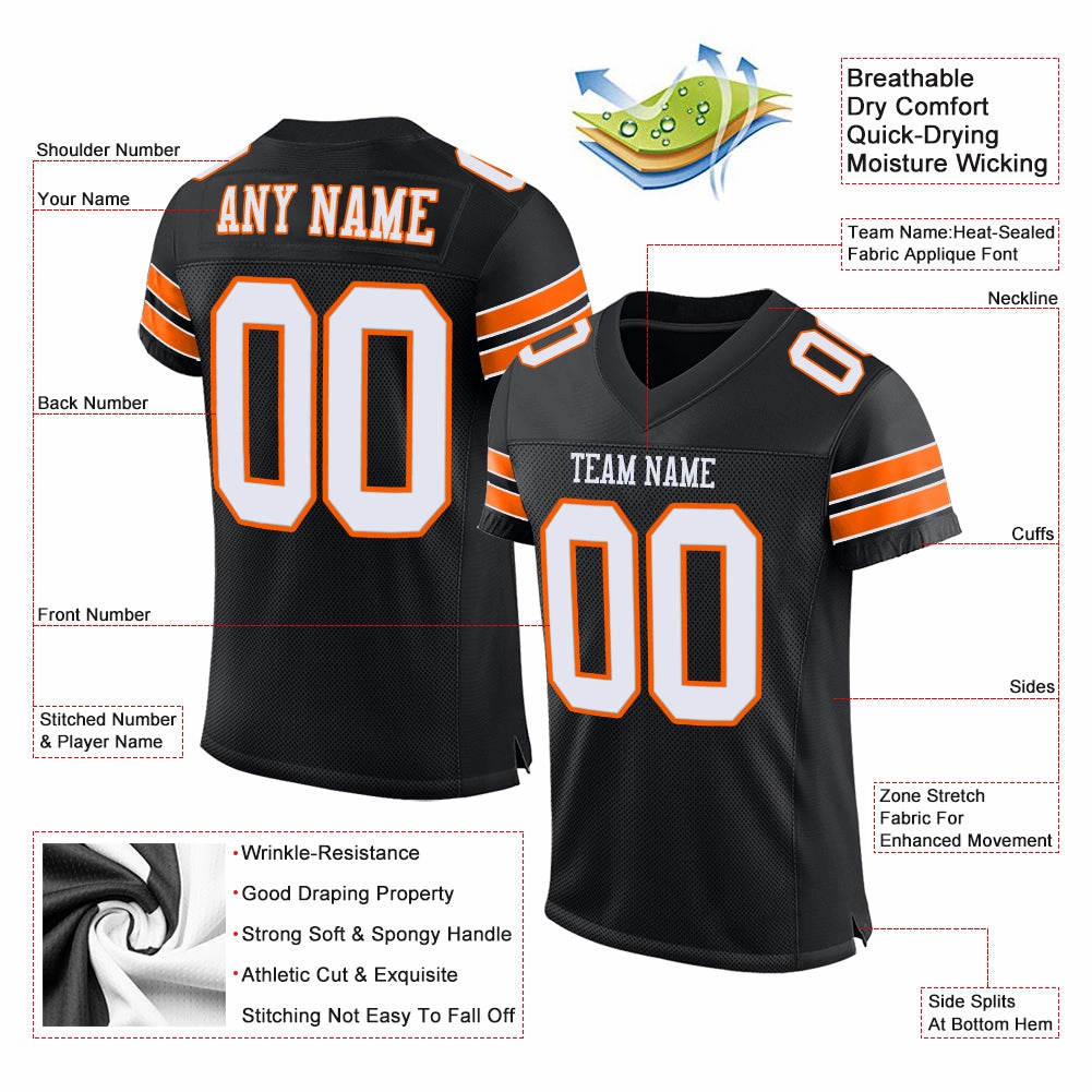 Custom Black White-Orange Mesh Authentic Football Jersey