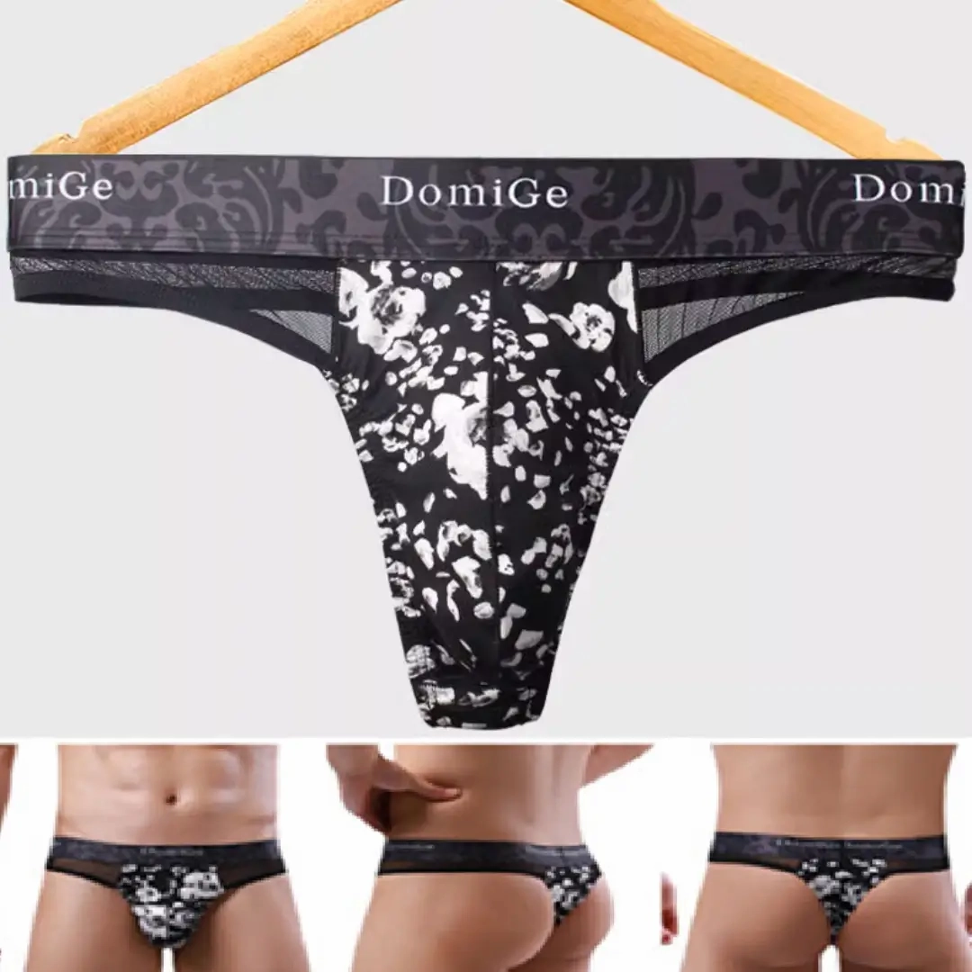 Domige Men's Thong String Underwear - Mesh G-String Briefs with Pouch Support
