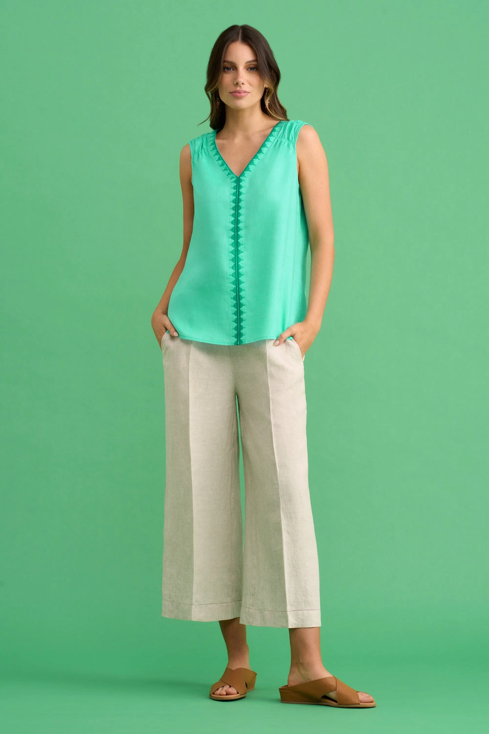 Embroidered Linen Top - Aquamarine