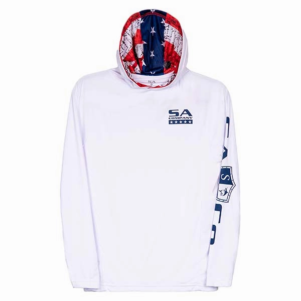 Hooded Performance Long Sleeve Shirt w/Mesh | White | Inner Hood-American Flag