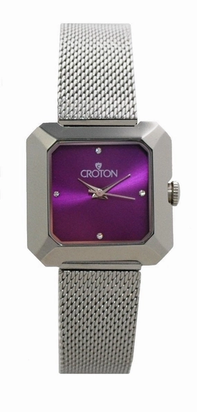 Ladies All Stainless Steel Silvertone Mesh Bracelet Watch with Purple Dial