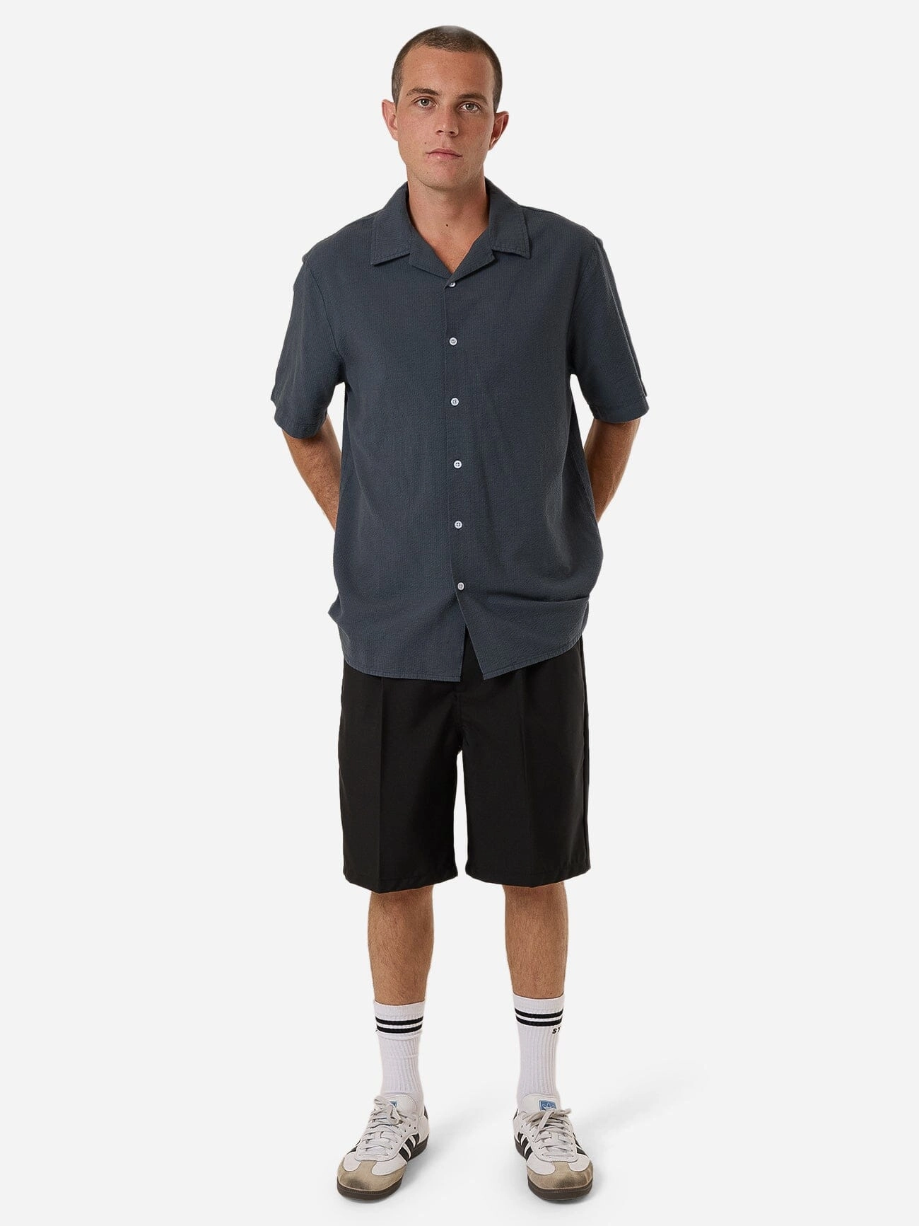Minimal Thrills Stripe Bowling Shirt - Dark Slate