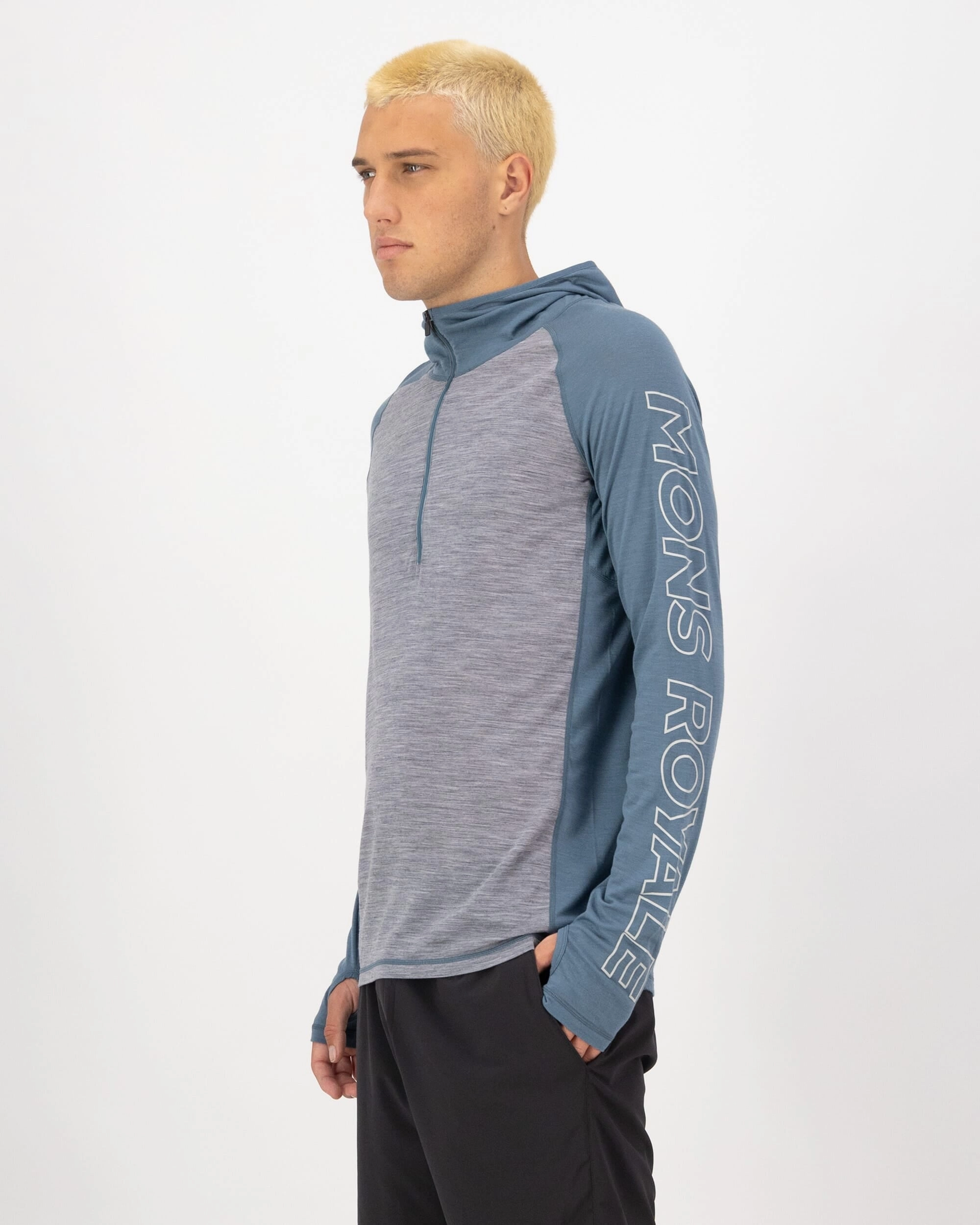 Temple Merino Long Sleeve Hood - Grey Heather / Goblin Blue