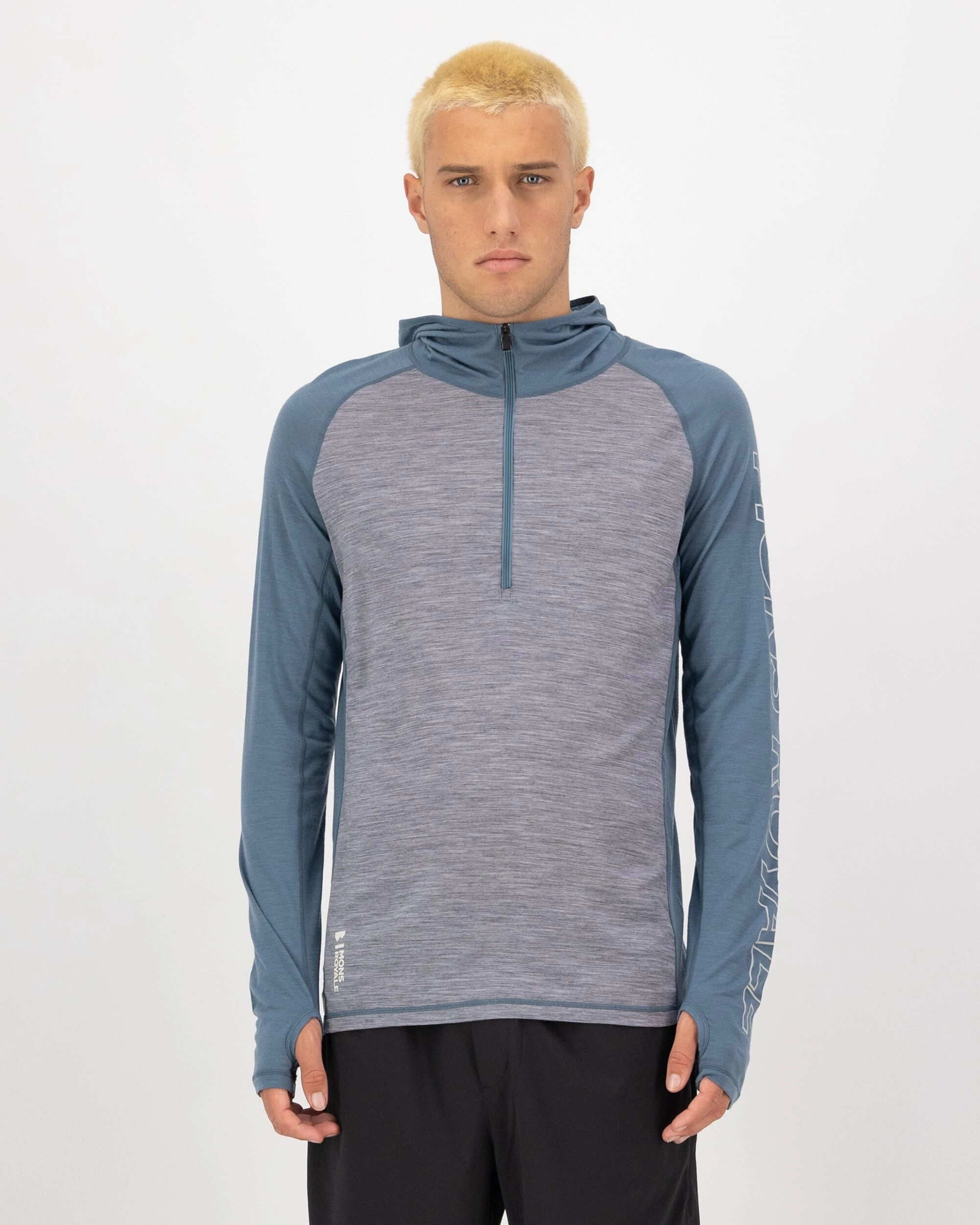 Temple Merino Long Sleeve Hood - Grey Heather / Goblin Blue