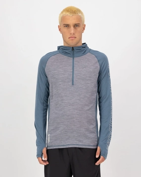 Temple Merino Long Sleeve Hood - Grey Heather / Goblin Blue