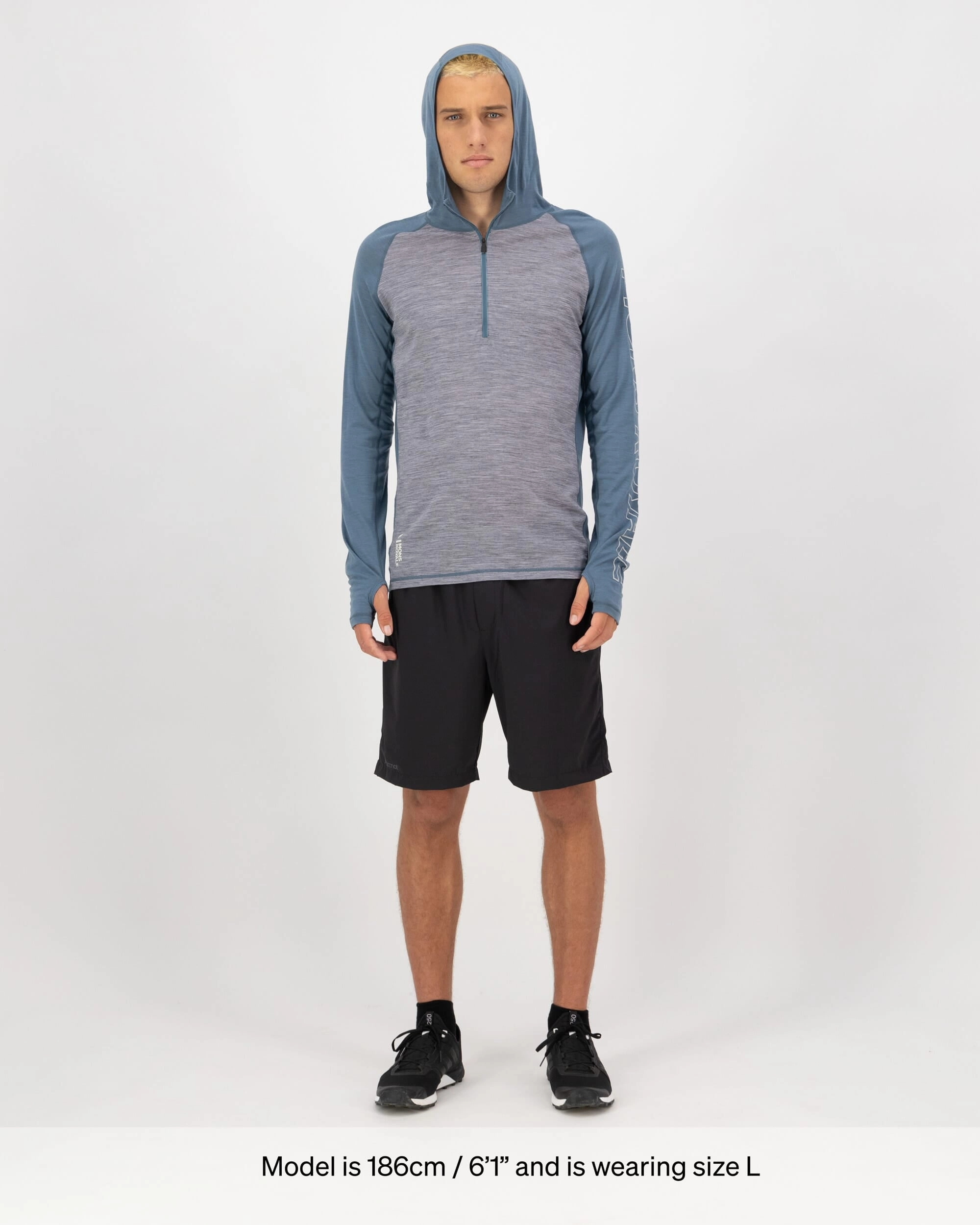 Temple Merino Long Sleeve Hood - Grey Heather / Goblin Blue