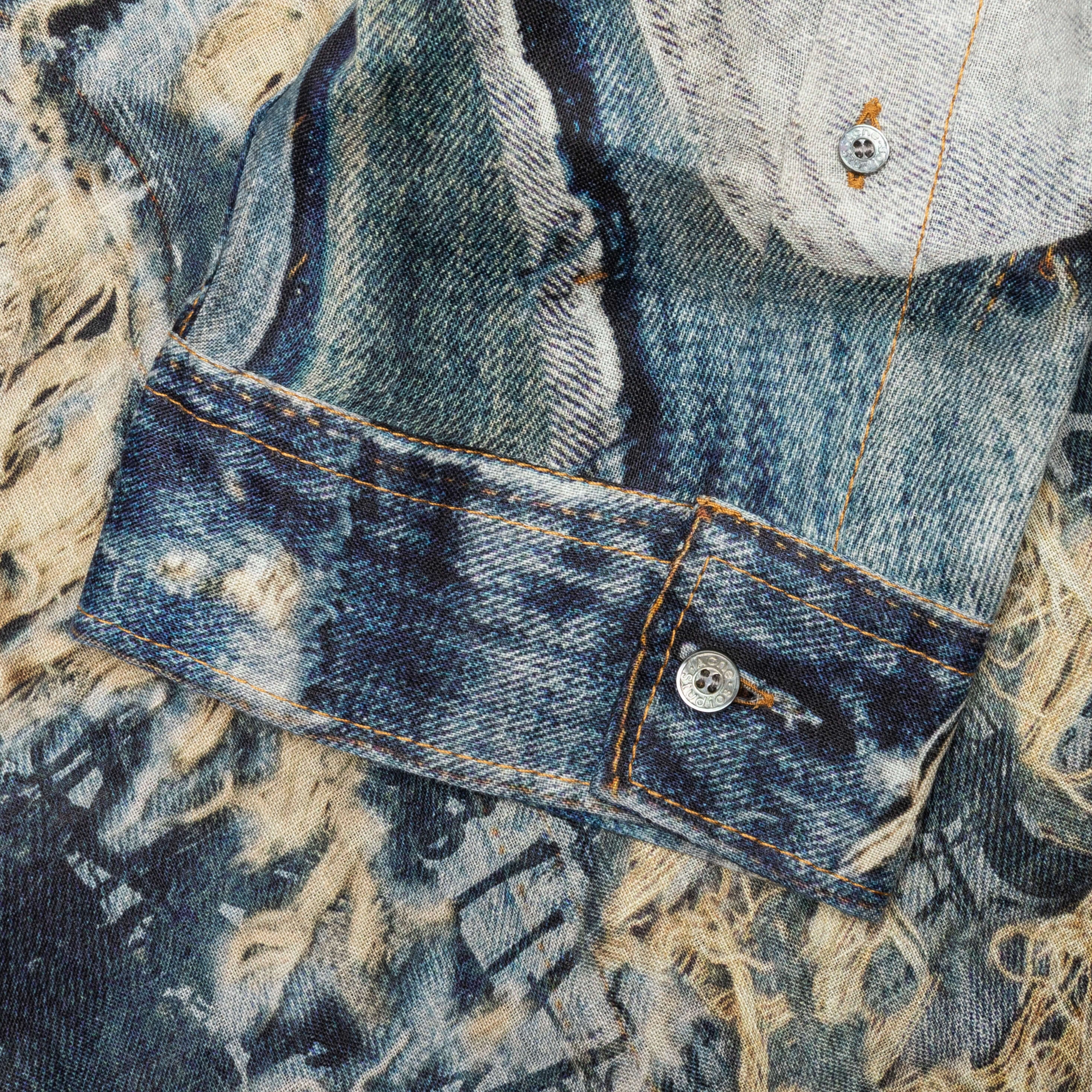 Trompe L'oeil Distressed Denim Print Button Up Fn-Mn-Shir000872 - Denim Blue