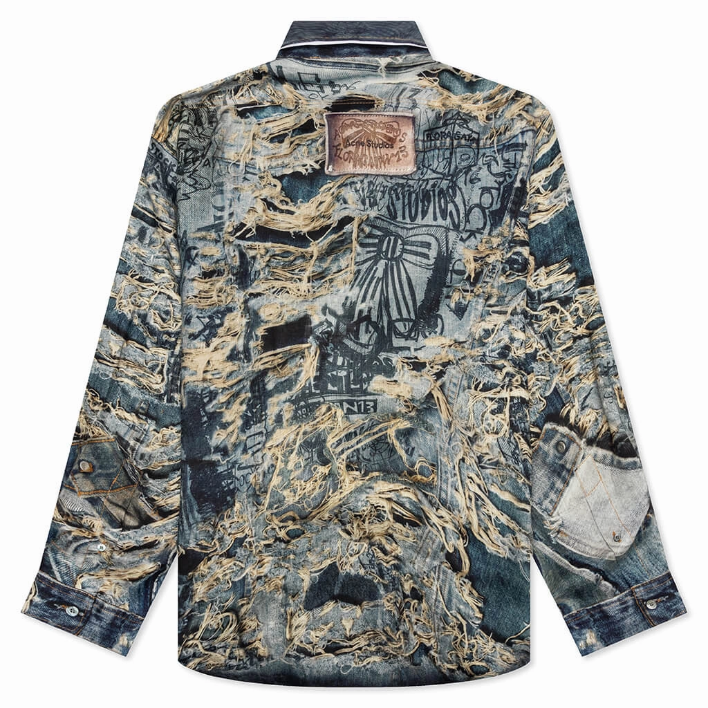 Trompe L'oeil Distressed Denim Print Button Up Fn-Mn-Shir000872 - Denim Blue