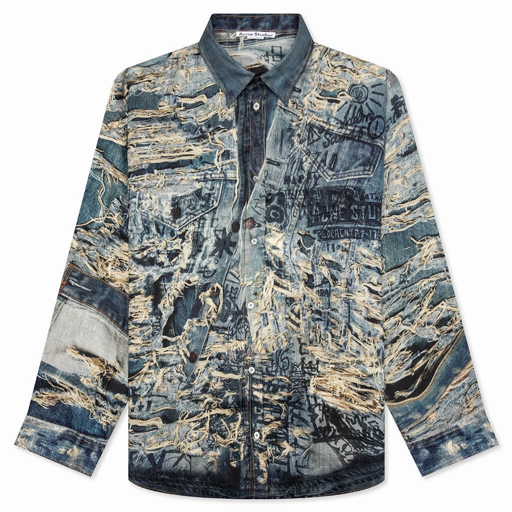 Trompe L'oeil Distressed Denim Print Button Up Fn-Mn-Shir000872 - Denim Blue